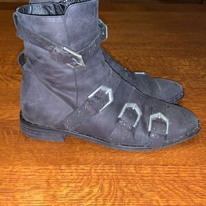 Free People Black Leather Studded Buckle Archer Boots Size Euro 39‎ US 9